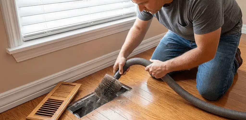 Air duct cleaning technician vacuuming a floor vent and duct opening in Fort Lauderdale, FL