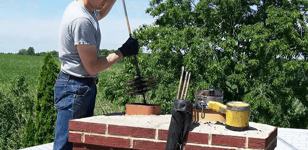 Chimney cleaning technician working on a rooftop chimney with professional tools in Fort Lauderdale, FL