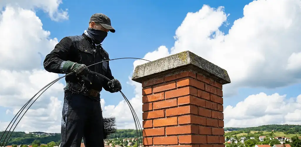 Chimney sweep cleaning a brick chimney with professional tools in Fort Lauderdale, FL