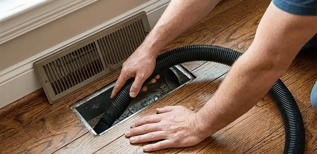Air duct cleaning technician vacuuming a floor register and duct opening in Fort Lauderdale, FL