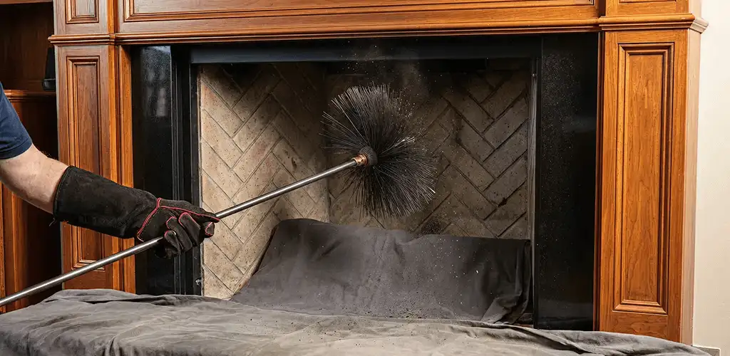 Chimney cleaning service brushing soot from a fireplace and flue in Fort Lauderdale, FL