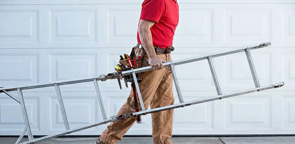 Garage door repair technician arriving with tools and ladder in Fort Lauderdale, FL