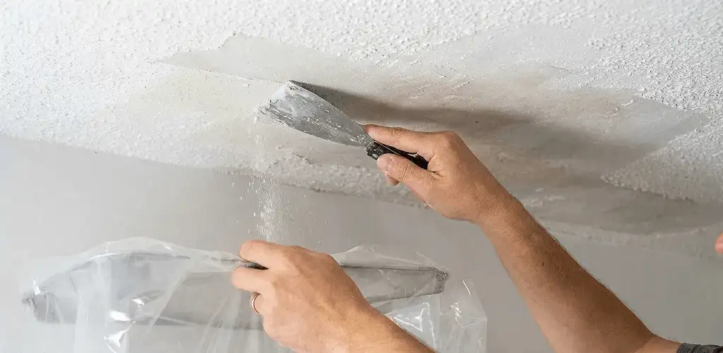 Popcorn ceiling removal technician scraping texture from a ceiling in Fort Lauderdale, FL