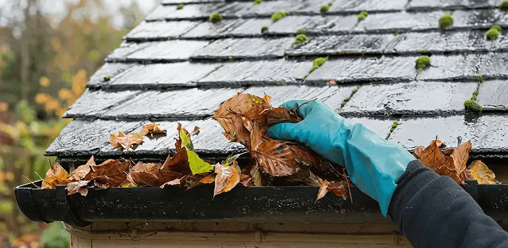 Gutter cleaning technician clearing wet leaves from roof gutters in Fort Lauderdale, FL
