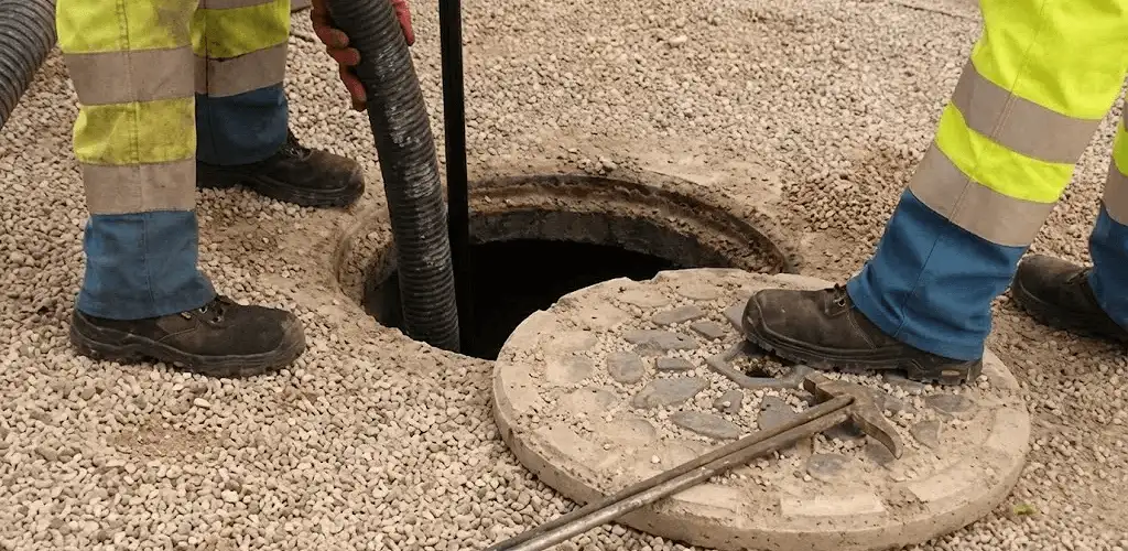 Drain cleaning crew clearing a sewer access point with professional equipment in Fort Lauderdale, FL