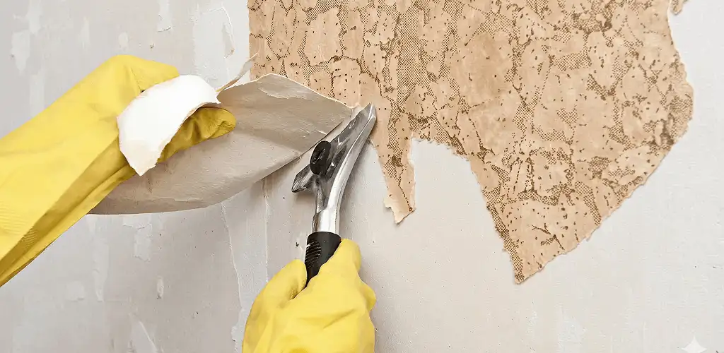 Wallpaper removal service stripping old wallpaper from a wall in Fort Lauderdale, FL